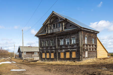 Bolshaya Selga, Olonetsky district, Republic of Karelia, - April 28, 2022, an ancient Karelian village known since 1707. Wooden houses.のeditorial素材