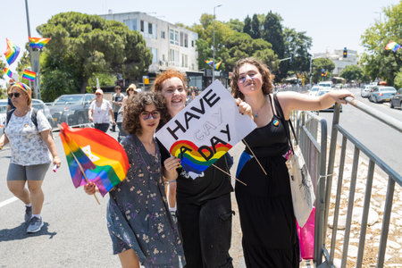 Haifa, Israel - June 24, 2022: People with protest signs in preparation to the annual LGBTQ pride paradeのeditorial素材
