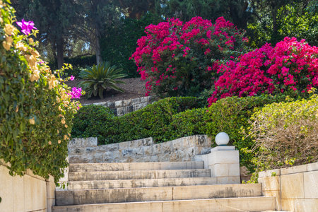 Haifa, Israel, July 12, 2022 : The decorative metal gate at the entrance to the middle terrace of the Bahai Garden, located on Mount Carmel in the city of Haifa, in northern Israelの写真素材