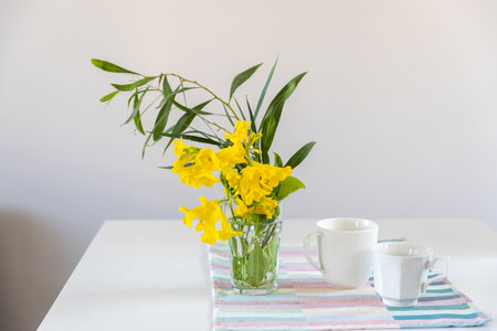 Shrub branch with Tecoma stans flowers in a glass beaker on a white table in the interior. A pink spring notepad, two coffee mugs and a geometric patterned napkin.の写真素材