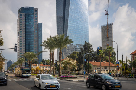 TEL AVIV, ISRAEL - January 1, 2023, Ayalon high way, train railways and new skyscrapers in Tel Aviv, Israel.のeditorial素材