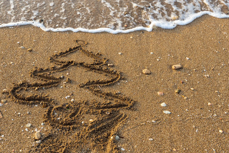 Merry Christmas from a tropical climate. Fir tree painted on the sand near the seaの写真素材