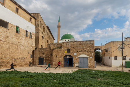 Acre, Israel - January 08, 2023: The Al-Jazzar Mosque, Completed in 1781, this stately, architecturally notable mosque looks out on the Mediterranean Sea, in the old city of Acre in northern Israelのeditorial素材