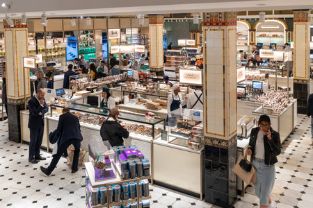 LONDON, UK - 20 April 2023, Sweets department in trendy expensive luxury store Harrods. Harrods department store interior, candies and sweets areaのeditorial素材