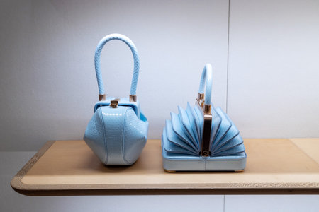 Blue mini leather round hand bag is on the table