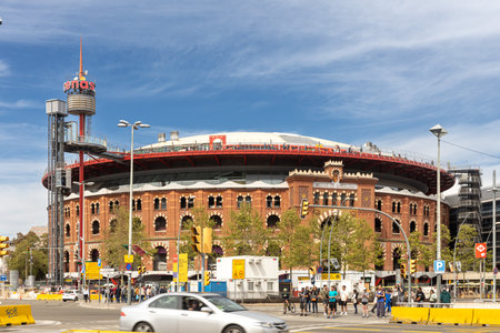 Barcelona, Spain - FEB 11, 2023: Las Arenas de Barcelona is a commercial shopping complex located in Placa d'Espanya. Former bullfighting arena, reconstructed in 2011.のeditorial素材