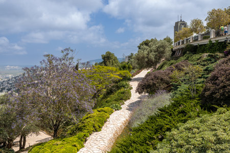 Haifa, Israel, June 26, 2022 : view from the Louis Promenade on Mount Carmel to the Bahai Temple, the downtown and port of Haifa city in Israelのeditorial素材