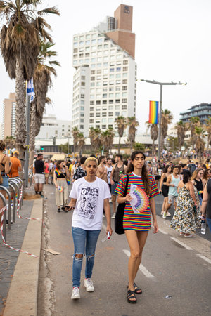 Tel-Aviv, Israel - June 08, 2023: View of various participants, in the annual Pride Parade of the LGBTQ+ community, in Tel-Aviv, Israelのeditorial素材