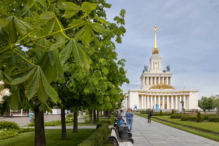 Moscow, Russia - June, 2023, VDNKh is tourist attractions of Moscow. Exhibition of Achievements of National Economy, building of Pavilion 1, Central VDNKh Pavilion.のeditorial素材