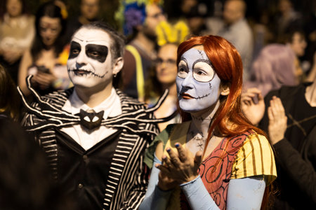 Haifa, Israel - March 5, 2022, People dressed in fancy dress celebrate Purim. Night. Corpse Brideのeditorial素材