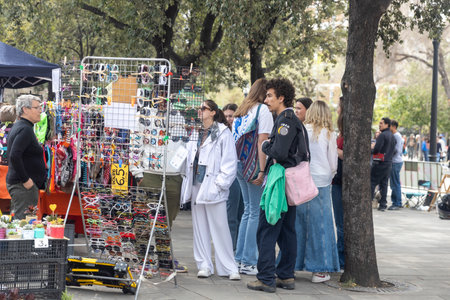 Barcelona, Catalonia, Spain - 29 March 2023: Vintage Market Day. Flea market, holiday's celebration on the beach of Barceloneta. City fiesta. Placa de Sant Josep Oriol Art Marketのeditorial素材