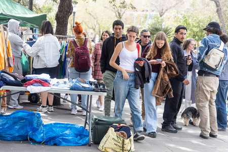 Barcelona, Catalonia, Spain - 29 March 2023: Vintage Market Day. Flea market, holiday's celebration on the beach of Barceloneta. City fiesta. Placa de Sant Josep Oriol Art Marketのeditorial素材