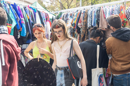Barcelona, Catalonia, Spain - 29 March 2023: Vintage Market Day. Flea market, holiday's celebration on the beach of Barceloneta. City fiesta. Placa de Sant Josep Oriol Art Marketのeditorial素材