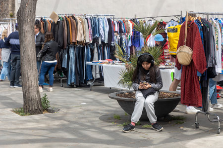 Barcelona, Catalonia, Spain - 29 March 2023: Vintage Market Day. Flea market, holiday's celebration on the beach of Barceloneta. City fiesta. Placa de Sant Josep Oriol Art Marketのeditorial素材