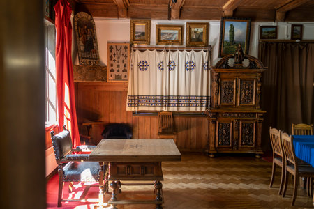 Polenovo, Tula region - June 12, 2017 - Vintage design of living room in antique manor of the artist Polenov. Museum old furniture of early 20th century. Stylish retro interior in village house.のeditorial素材