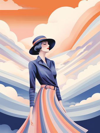Illustration in the style of a fashion magazine cover - a young woman in art deco style, wearing a gray hat, blue-orange striped dress against a purple sky. Vertical frameの写真素材