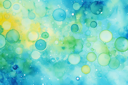 Whimsical soap bubbles drawn on watercolor paper in blue tones