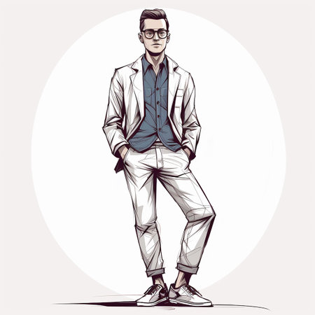 AI. Portrait of a fashionable young man with glasses in a business suit on a white background. 2D vector.の写真素材