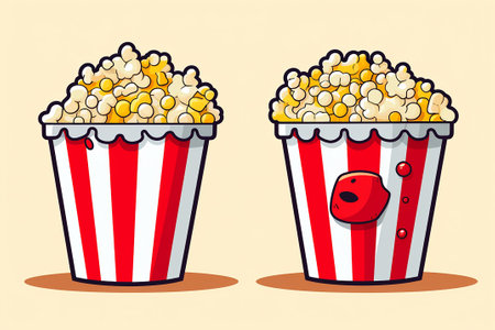 Popcorn in classic striped red white cardboard box in cartoon style for cinema poster. Takeaway fast food in trendy flat style. Restaurant junk food menu. Vector Illustration.の写真素材