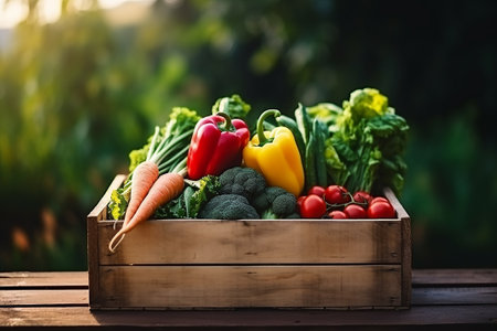 AI box with groceries. Online food delivery concept. Fresh vegetables, fruits, food in a wooden box....