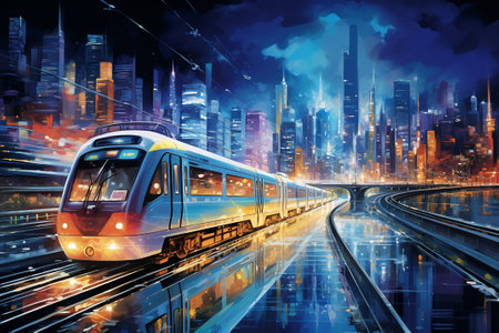 Digital graphs and hexagon grids with abstract high speed technology POV motion blur. Night train