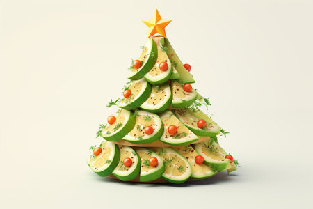 AI. Sandwich - toast in the shape of a Christmas tree made of lime slices, tomatoes and dill on a white background. Table decoration for Christmasの素材