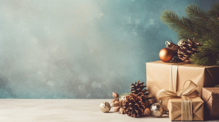 AI Christmas card with fir branches, gifts and toy on a vintage blue background. Place for textの素材