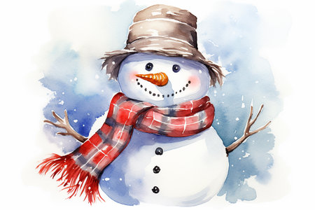 Christmas card. Cheerful snowman in a plaid hat in the winter forest. Horizontal formatの素材