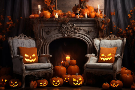 AI. Two ghosts sit in armchairs in front of the fireplace in a room decorated with pumpkins for Halloween.の素材