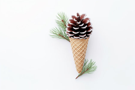 AI . Ice cream cone with a fir cone inside, isolated on a white background. Horizontal format. Christmas. Postcard. Space for text.の素材