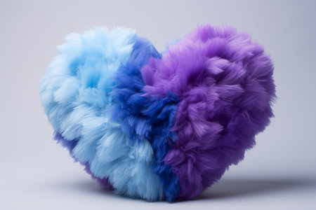 AI. fluffy, puffy and oddly heart made of faux fur purple-blue isolated on a soft grey backgroundの素材
