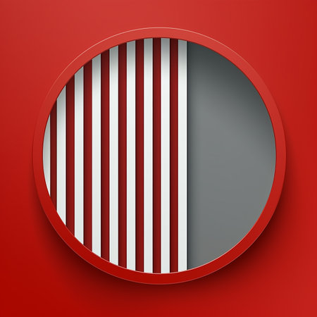 Red square with an inscribed circle with stripes on a white background, a painting as an interior decorationの写真素材