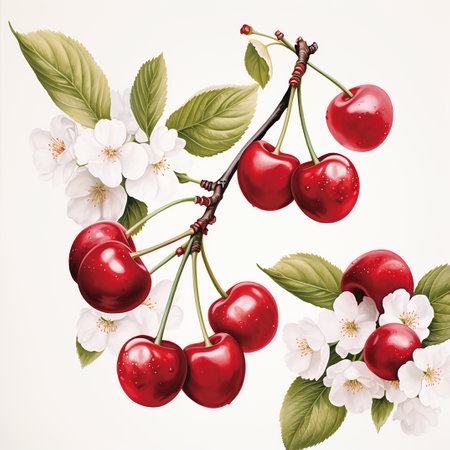 Cherry pattern. Summer berries, fruits, leaves, flowers background. Illustration for spring cover,...