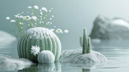 Cacti and gray round stone balls and rough stones in the interior as decorationの素材