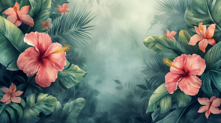 Wallpaper with tropical flowers and palm leaves, frame, place for text. Hibiscus. Red-green tones.の素材