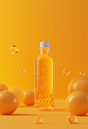 Bottle of orange juice with bubbles on orange background. 3d renderingの素材