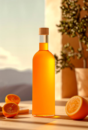 mockup of a bottle with orange liquid against an orange wallの素材
