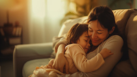 A touching family moment, a mother hugging her three-year-old daughter. Living room interior in evening light.の素材