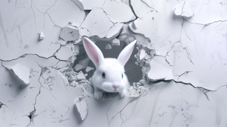 The rabbit crawls out through a hole in a broken wall with cracks. Easter card concept. Place for text.の素材