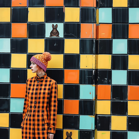 A red-haired girl in a knitted hat with a pompom in an orange and black checkered dress stands against the background of a wall with squares.の素材