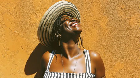 Portrait of a black laughing girl raising her head to the sky, shot from below. Against the background of a yellow wall. Horizontal frame.の素材