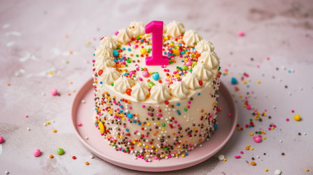 biscuit cake with fresh strawberry glaze. one year birthday.の素材