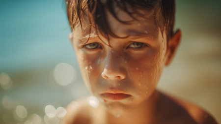 portrait of a gloomy six-year-old boy with blue eyes in the backdrop of sunset evening lightの素材