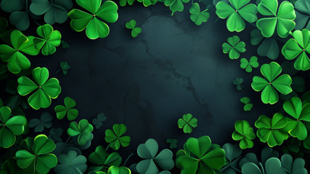 Backdrop for St. Patrick's Day. Clover wallpaper in soft backlight with blur and bokeh. Horizontal format. Postcard.の素材