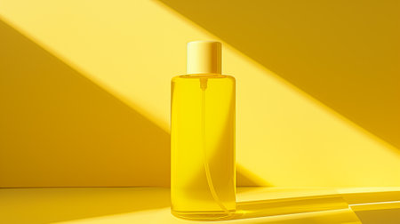Mockup with perfume bottle and spheres as shop window decoration with yellow backgroundの素材