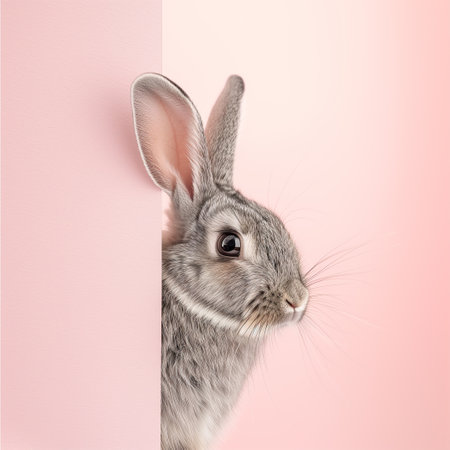 The rabbit crawls out through a hole in a pink broken wall with cracks. Easter card concept. Place for text. Square format.の素材