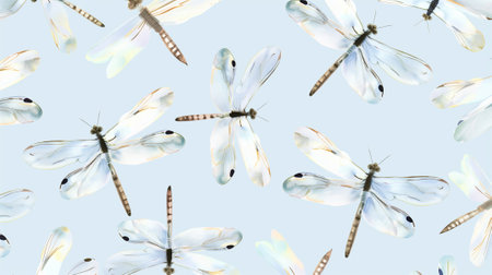 Wallpaper with flying dragonflies on a blue background, watercolor.の素材