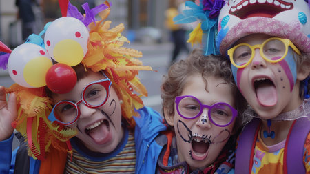 preschool children in funny outfits and caps celebrate Purim, birthday, Halloweenの素材