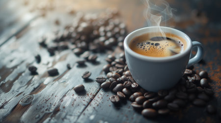 Gray cup of espresso coffee with foam with coffee beans scattered on a vintage table, sunlight from the window. Place for text. Copy space.の素材