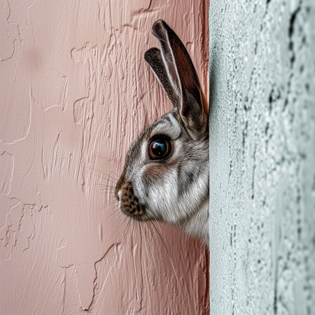 The rabbit crawls out through a hole in a broken wall with cracks. Easter card concept. Place for text. Square format.の素材